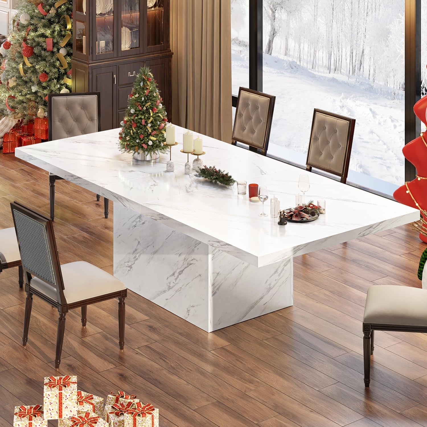 SeventyOneInch White Faux Marble Longer Dining Table-2