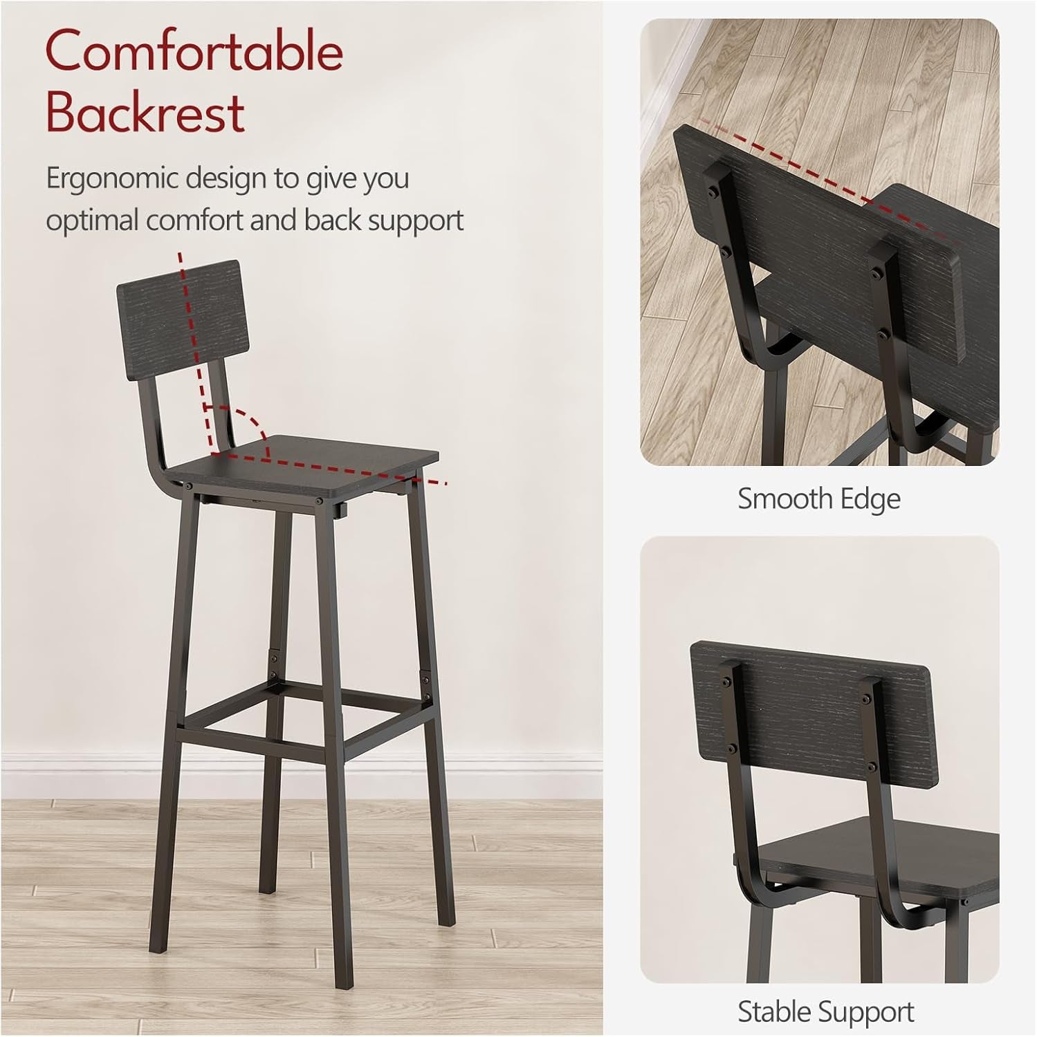 Set of 2 Bar Stools, Tall Bar Stools with Backrest and Footrest, Tall Bar Chairs, Industrial Style Counter Height Bar Stools for Dining Room, Kitchen, Bar Rustic Black-3