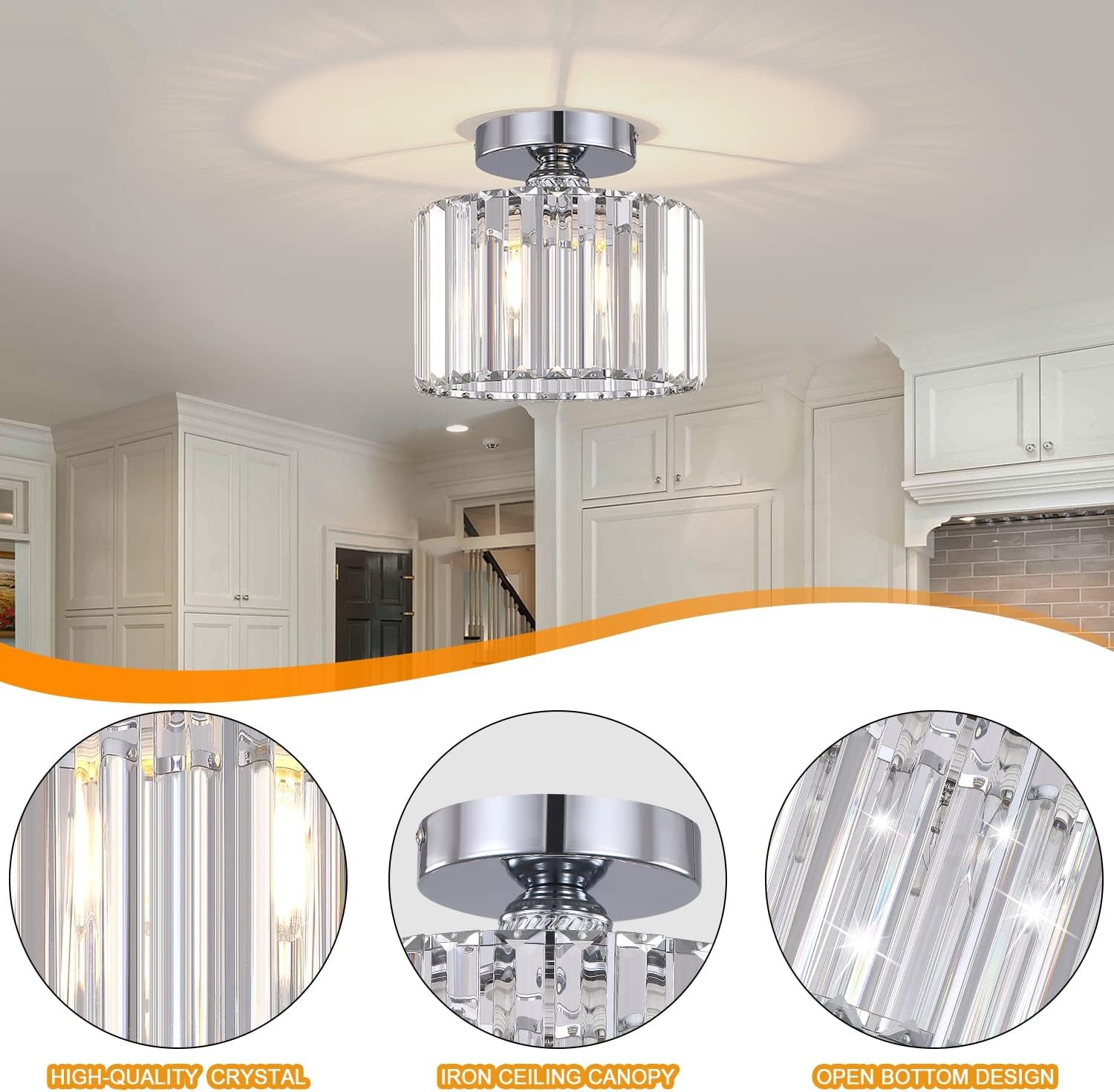 Semi Flush Crystal Chandelier Silver Ceiling Light-2