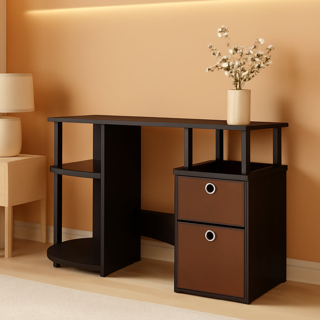 Jaya Brown Computer Study Desk With Storage Bins And Shelf-0