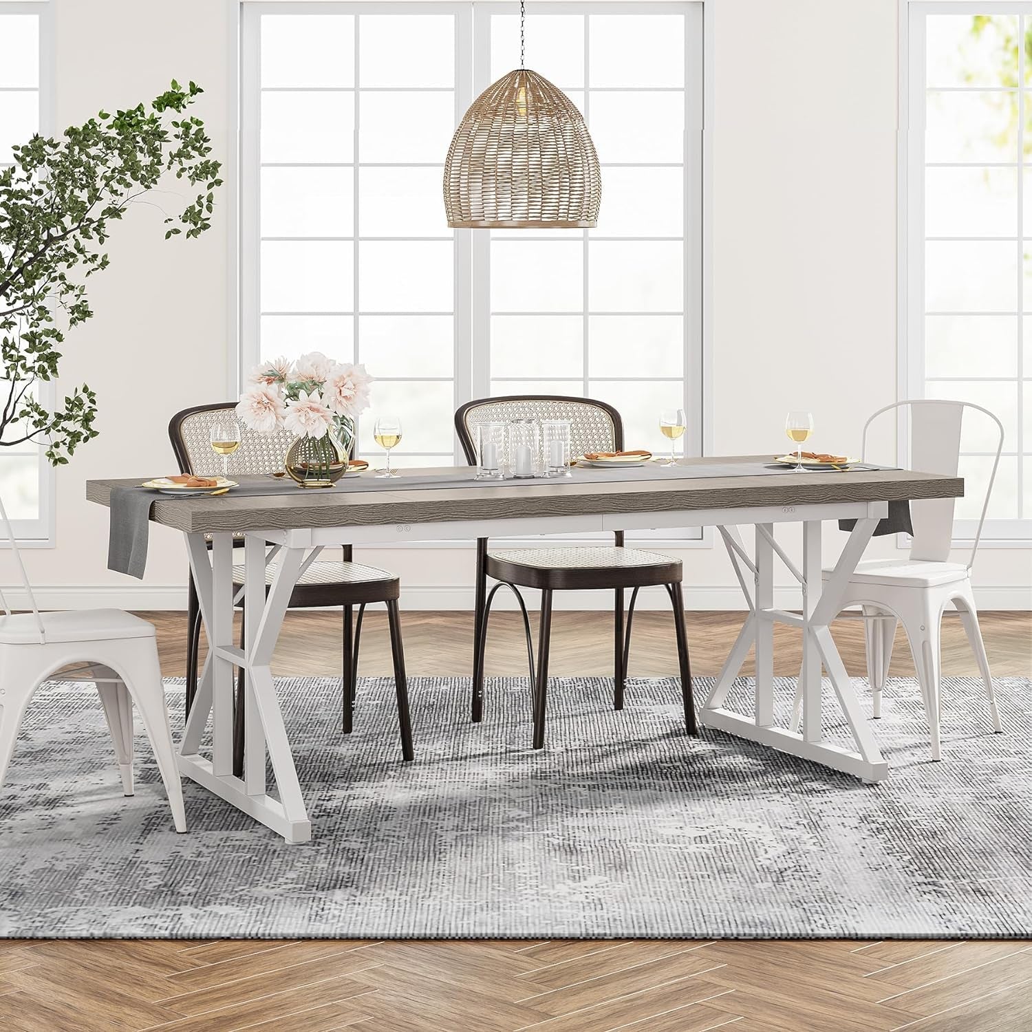 Farmhouse Dining Table for 6 People, 70.8-Inch Rectangular Wood Dining Table, Rustic Kitchen Table with Heavy Duty Metal Legs for Dining Room(Grey)-3