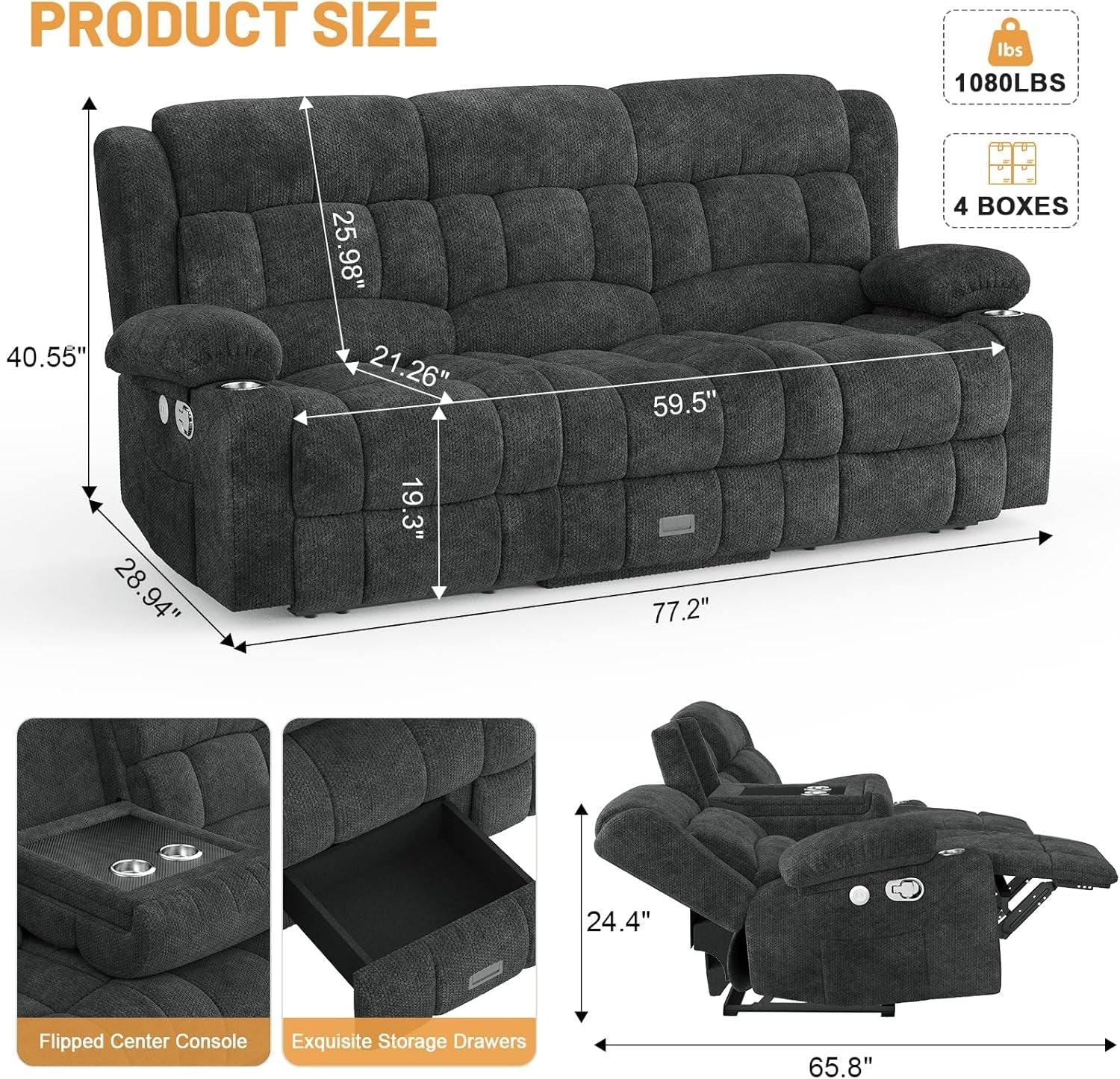 Loveseat Recliner Sofa, Flip Middle Backrest Design 3 Seat Reclining Sofa with Storage Drawer, USB Ports & Cup Holders, Manual Couch for Living Room/Rv (Gray)-1
