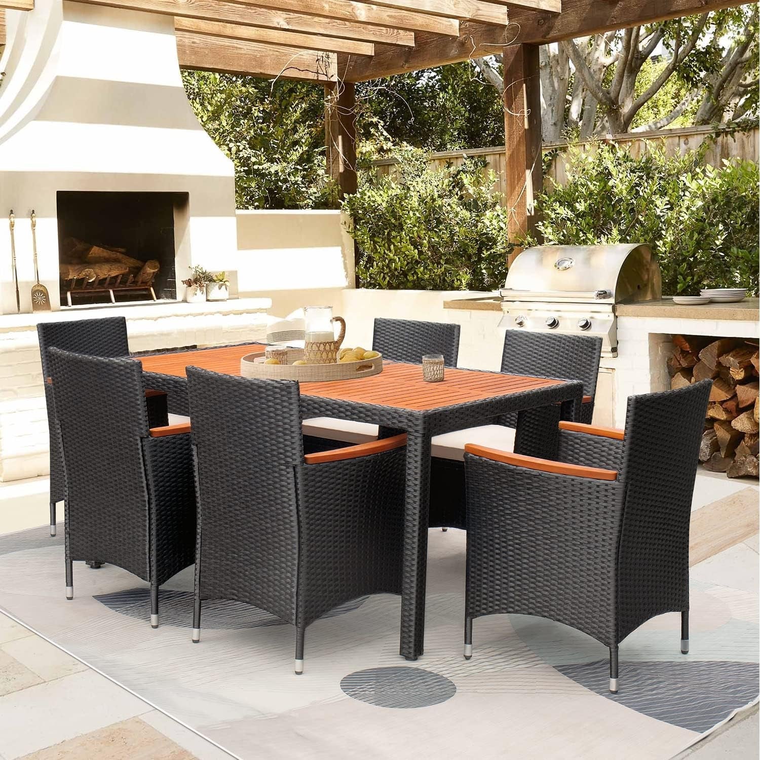 7 Piece Patio Dining Set Acacia Wood Table Wicker Chairs-4
