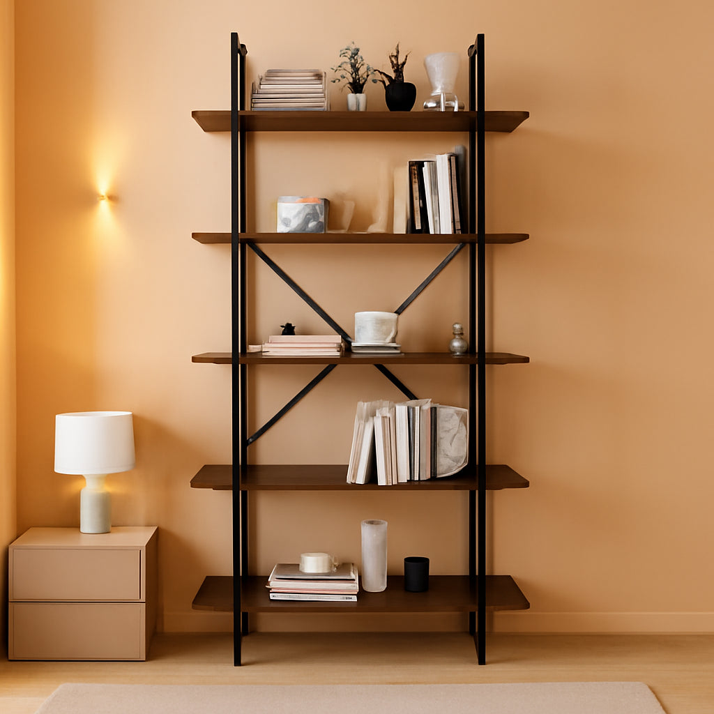 Five Tier Bookshelf Organizer Rustic Brown Metal Shelving-0