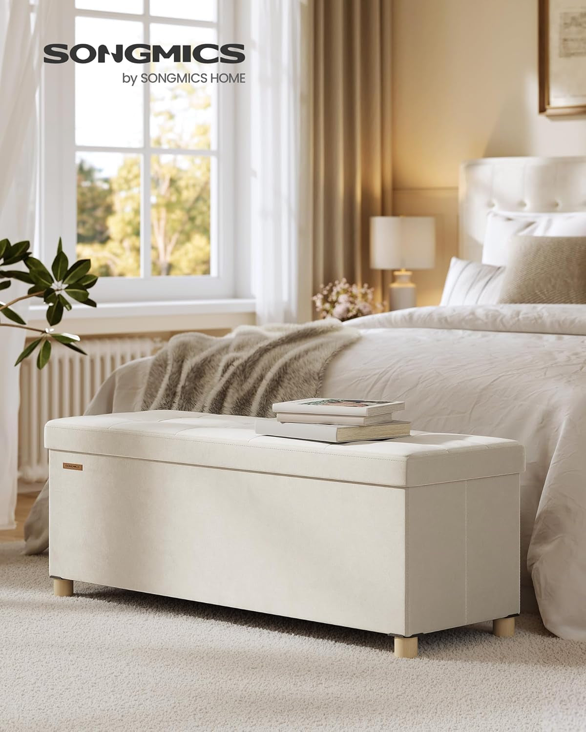 Cappuccino Beige Velvet Storage Ottoman Bench Folding-1