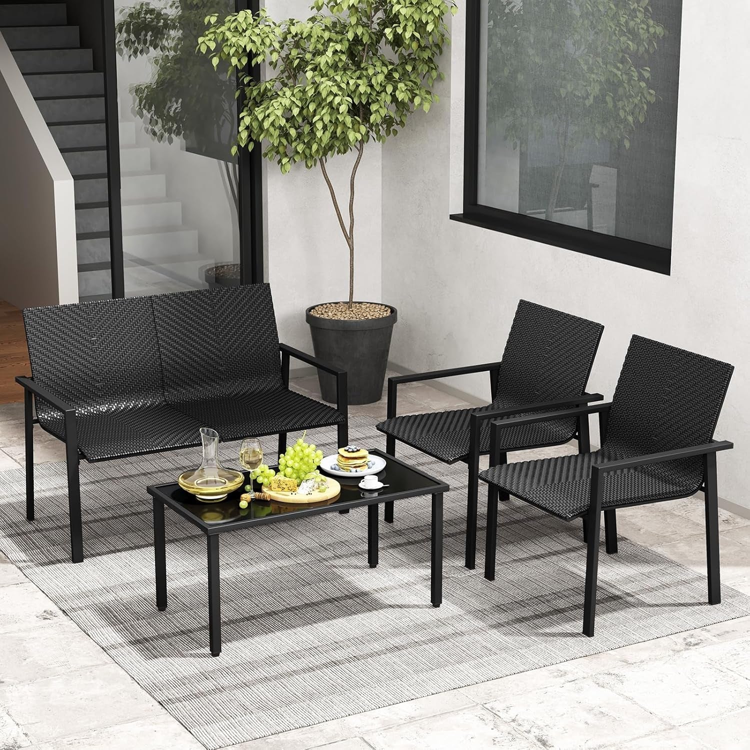 4 Piece Wicker Patio Conversation Set Black Coffee Table-1