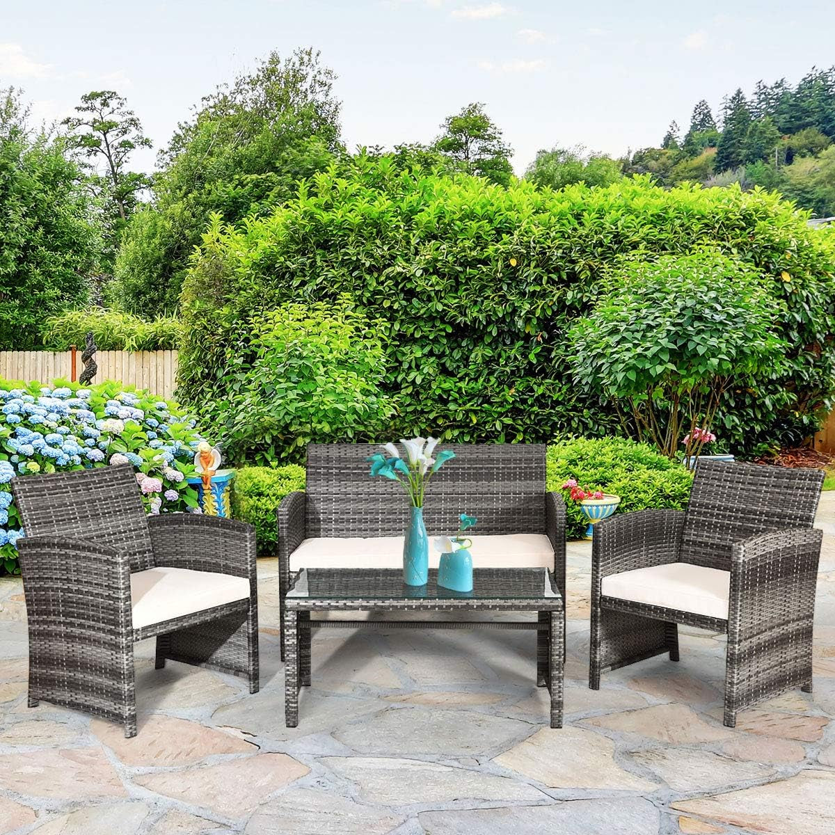 4 Piece Wicker Patio Conversation Set With Soft Cushions-2