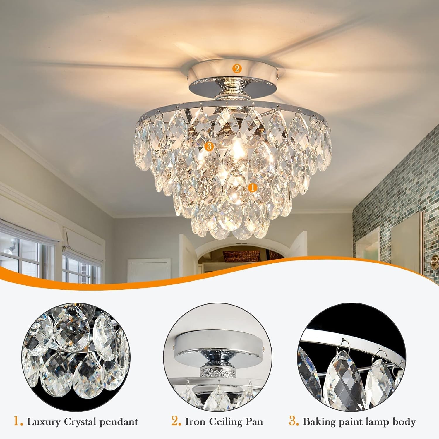 Crystal Chandelier Ceiling Light E26 Chrome Fixture-3