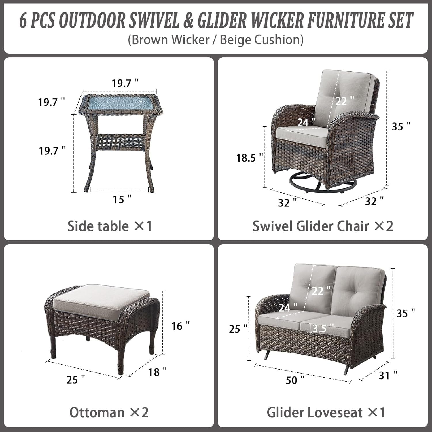 Six Piece Wicker Patio Set Brown With Swivel Chairs-2