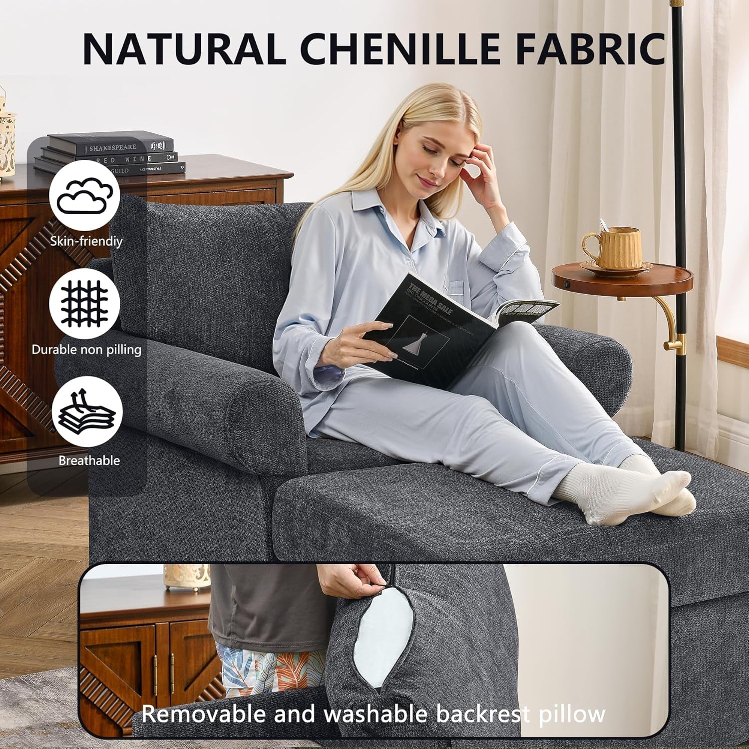 Gray 35 Inch Accent Chair With Ottoman And Chaise Lounge-2