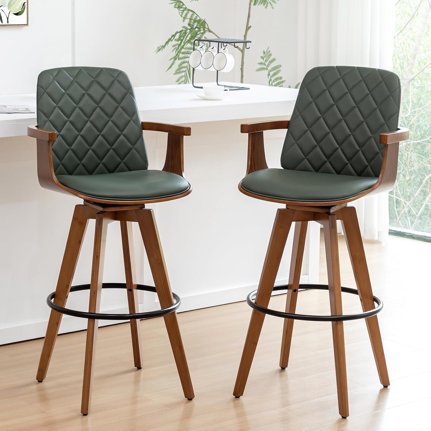 Set of 2 Bar Height Bar Stools - 30 Inch Swivel Bar Stools with Curved Back and Arms, Walnut Craftsmanship, Upholstered Seat, Mid Century Barstools for Bar/ Pub/Island/Coffee (30" Seat Height, Green)-0