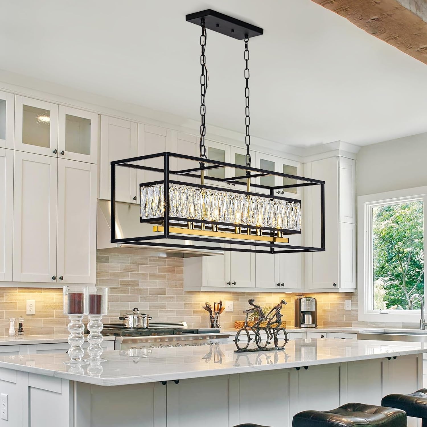 Black Six Light Rectangular Crystal Chandelier Dining Room-3