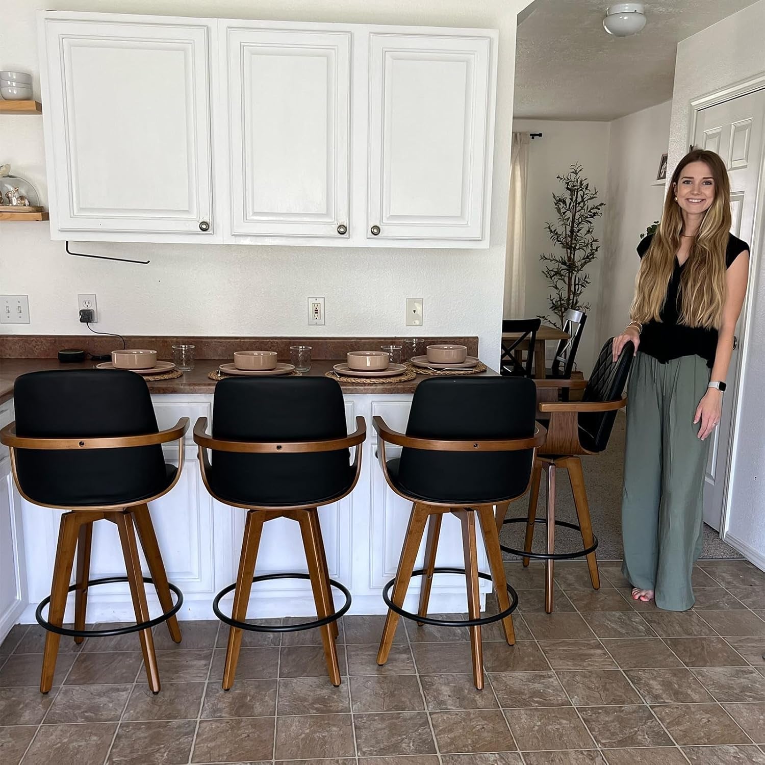 Set of 2 Bar Height Bar Stools - 30 Inch Swivel Bar Stools with Curved Back and Arms, Walnut Craftsmanship, Upholstered Seat, Mid Century Barstools for Bar/ Pub/Island/Coffee (30" Seat Height, Green)-4