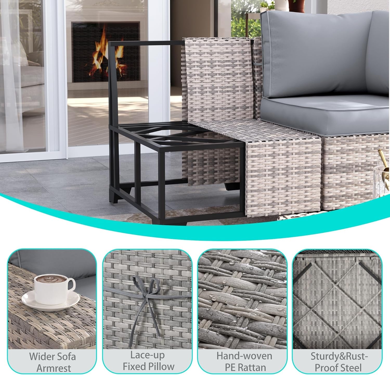 6-Piece Outdoor Wicker Patio Set With Grey Cushions-4