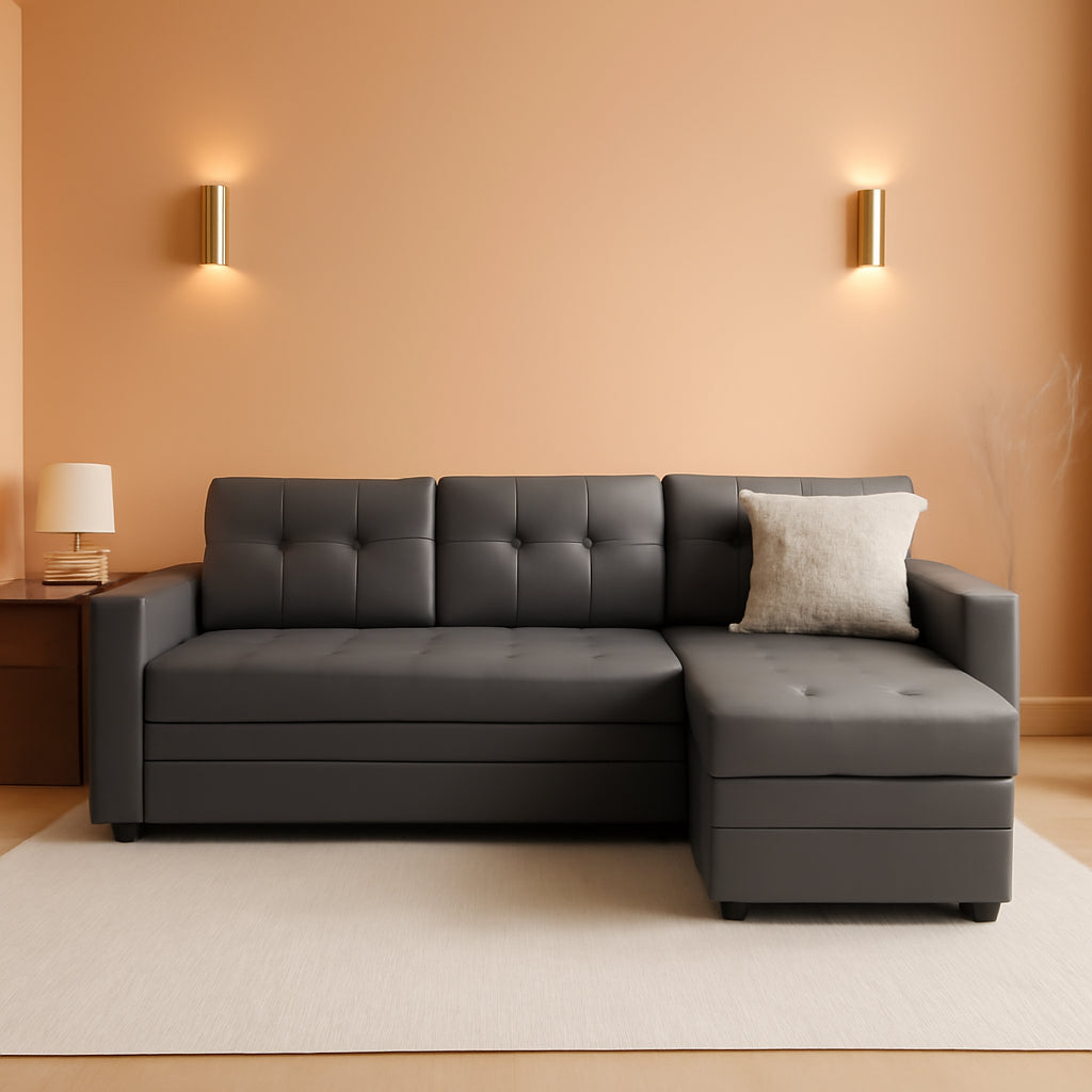 L Shaped Sectional Sleeper Sofa With USB Ports Gray Leather-0
