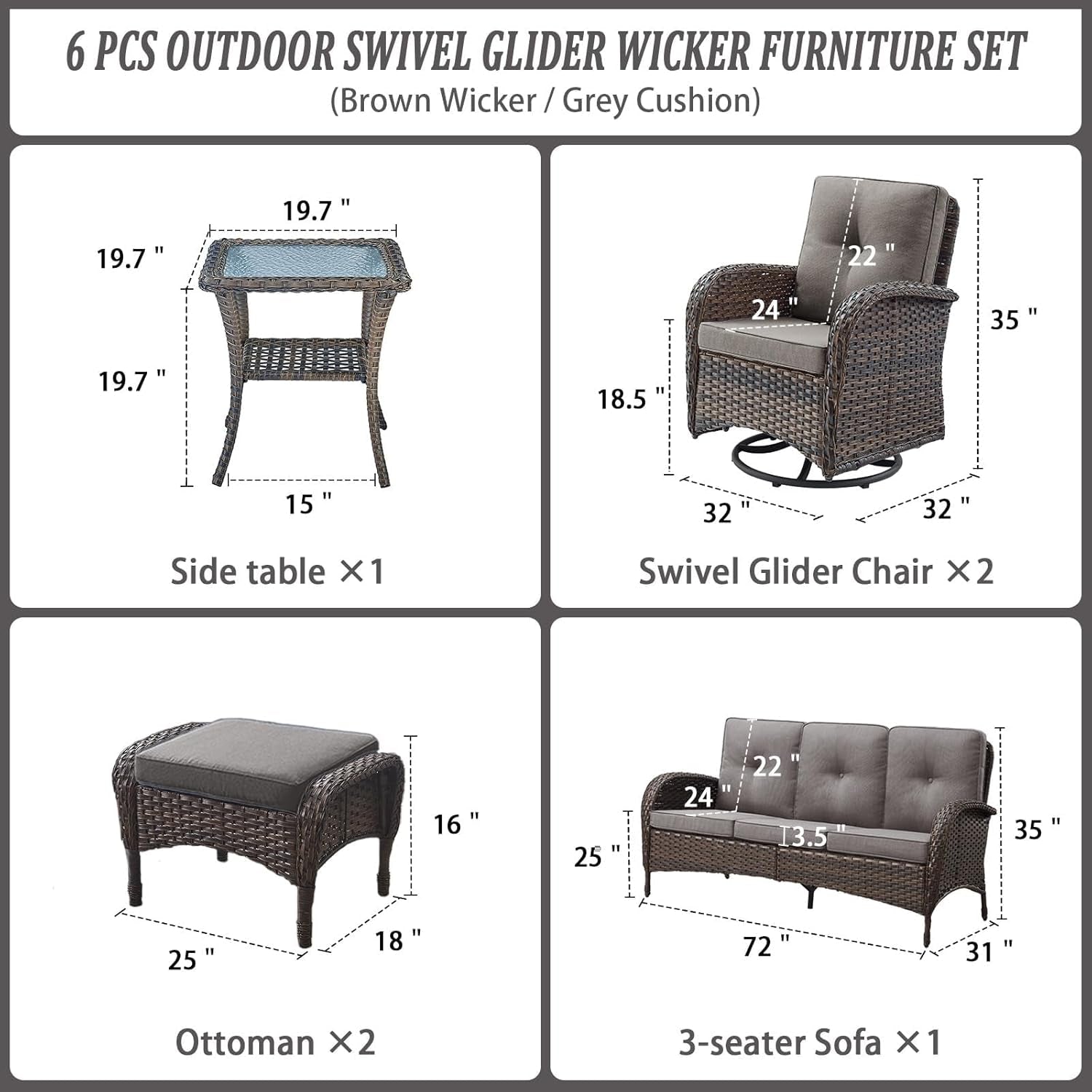 6 Piece Outdoor Patio Conversation Set Brown Wicker-2