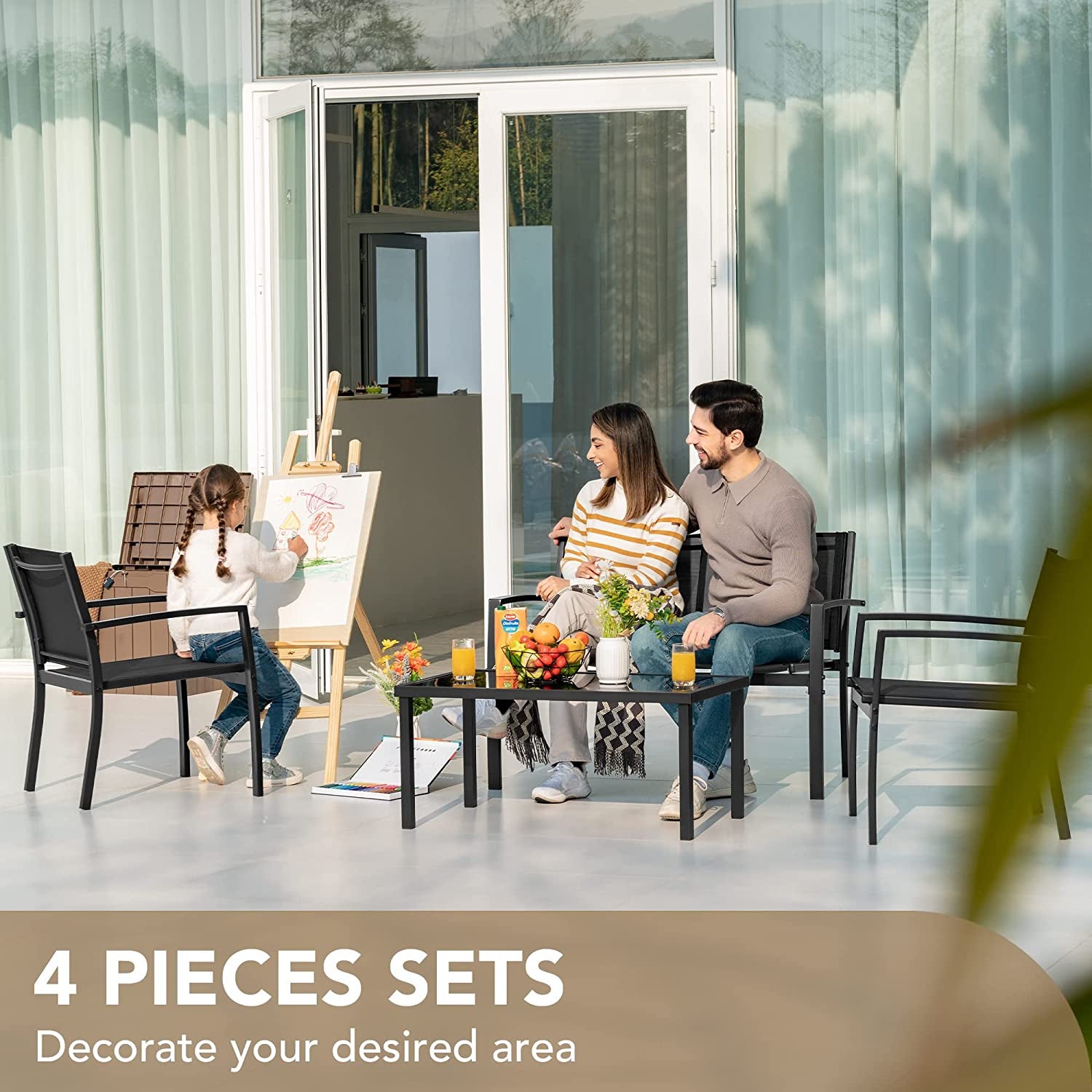 4 Piece Outdoor Patio Set With Glass Table Black Durable-1