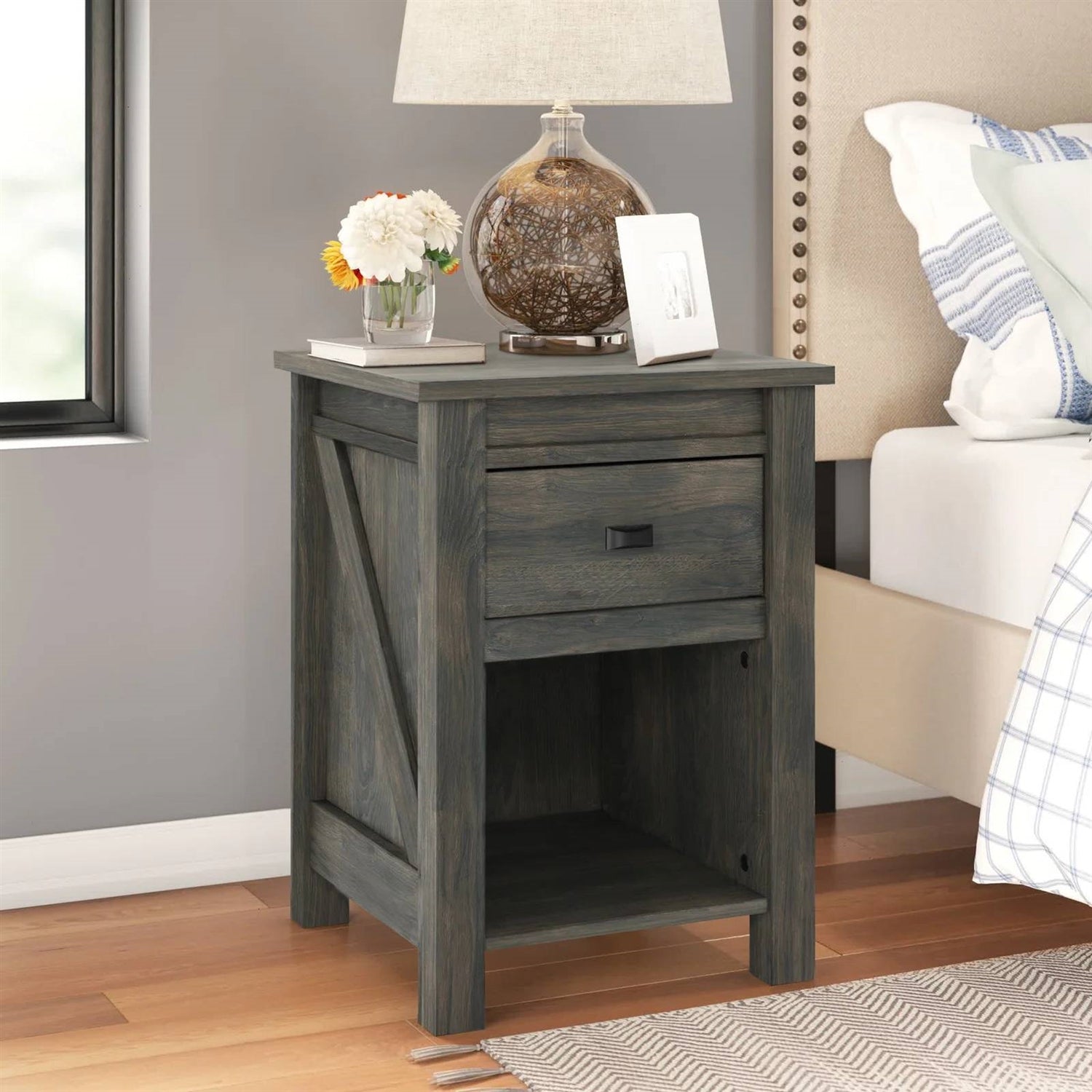 Farmhouse 1-Drawer Bedroom Nightstand with Open Shelf in Rustic Grey Oak-3
