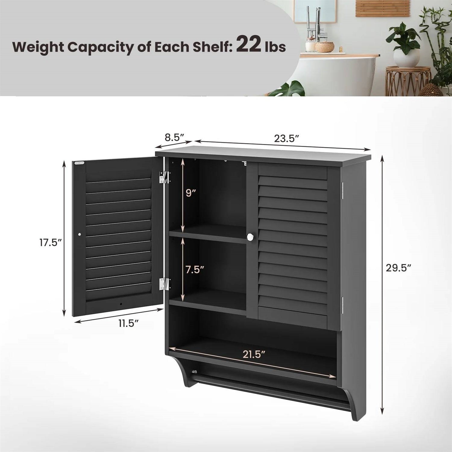 Black Wall-Mounted Bathroom Medicine Cabinet with Louver Doors and Towel Bar-3