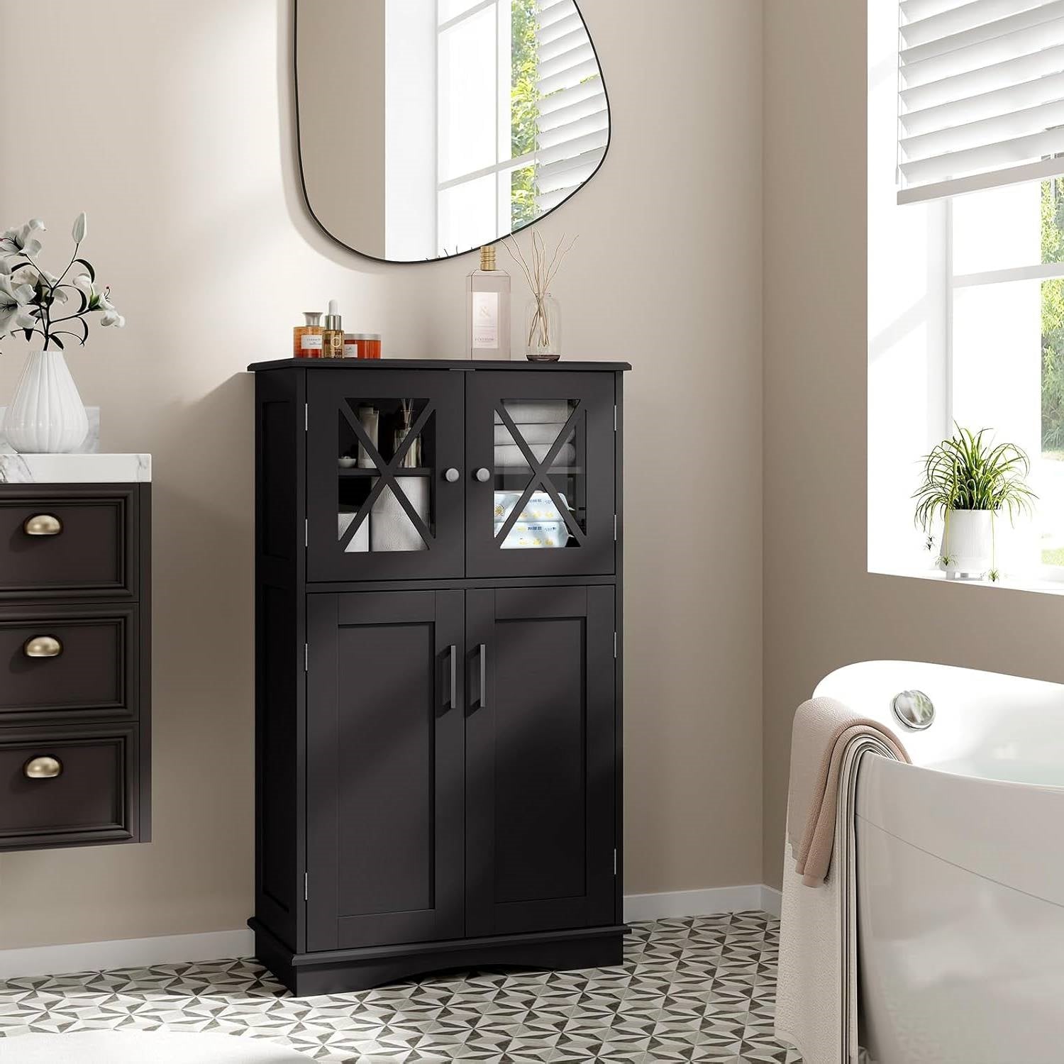 Black Bathroom Towel Linen Cabinet with Glass Doors and Storage Shelves-1