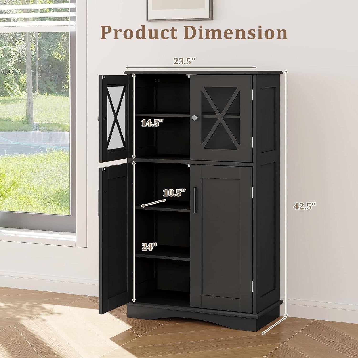 Black Bathroom Towel Linen Cabinet with Glass Doors and Storage Shelves-4
