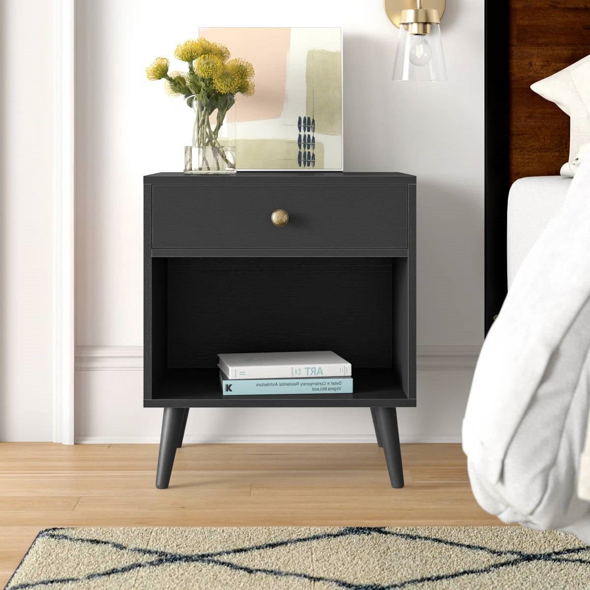 Mid-Century Farmhouse 1-Drawer Nightstand with Open Shelf in Black Wood Finish-0