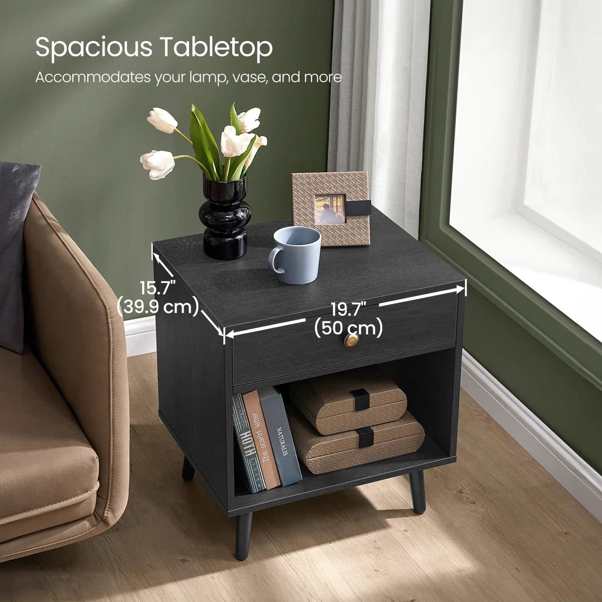 Mid-Century Farmhouse 1-Drawer Nightstand with Open Shelf in Black Wood Finish-3