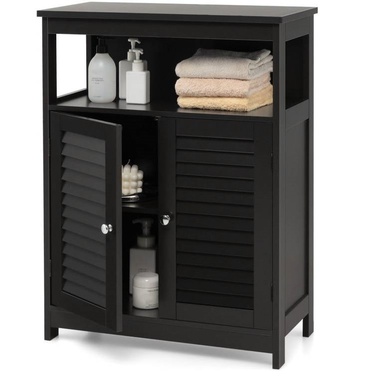Black Farmhouse Bathroom Linen Cabinet with Louvered Doors and Open Shelf-0