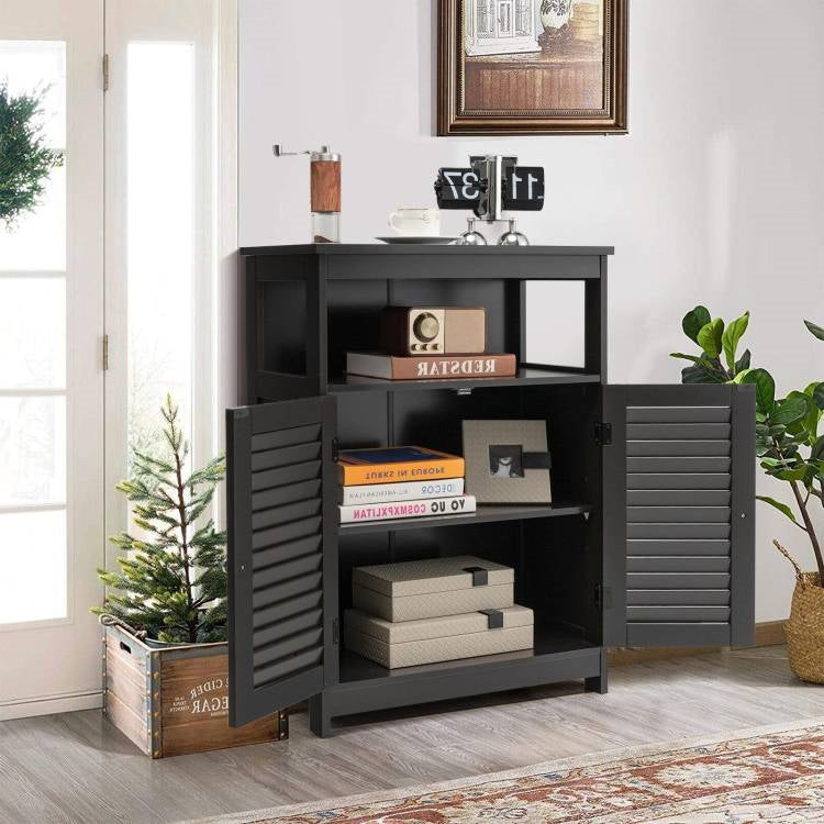 Black Farmhouse Bathroom Linen Cabinet with Louvered Doors and Open Shelf-3