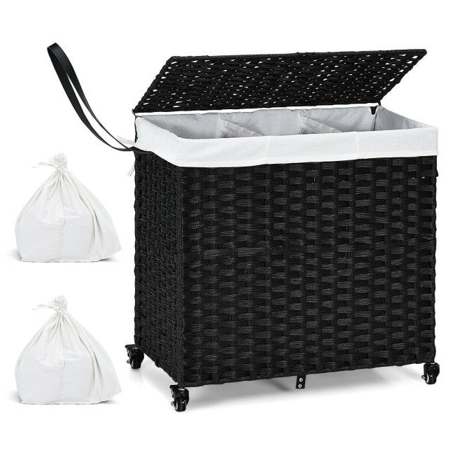 Black 3 Bin Linen Lined on Wheels PR Rattan Laundry Hamper-0