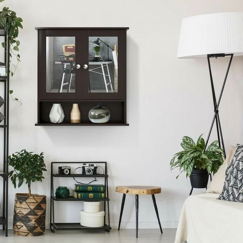 Brown Wooden Bathroom Wall / Medicine Cabinet with Mirrored Doors and Shelf-3