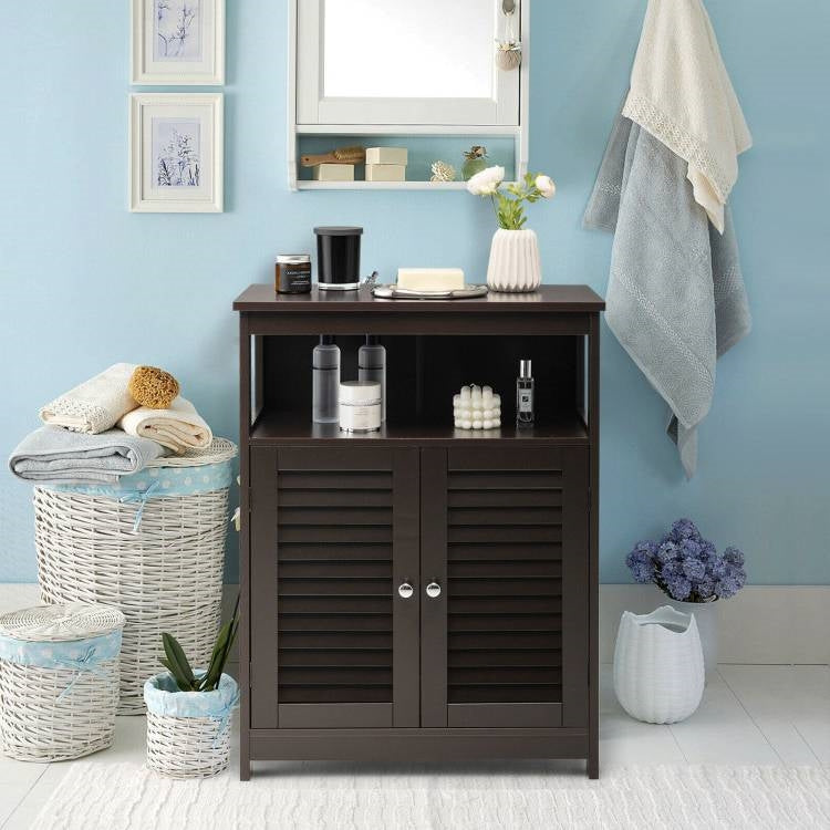Brown Farmhouse Bathroom Linen Cabinet with Louvered Doors and Open Shelf-1