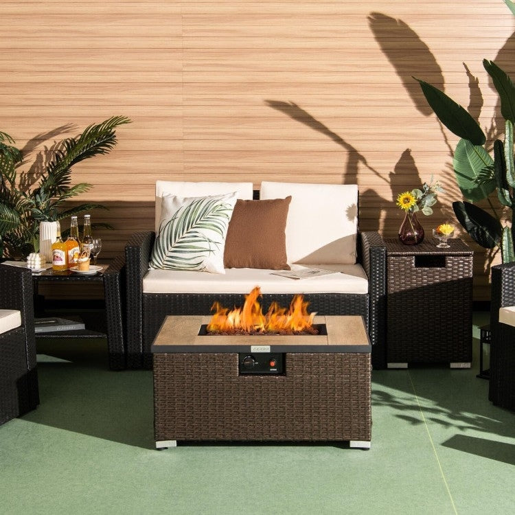 Outdoor Propane Fire Pit with Side Table Tank Holder in Brown PE Rattan-2