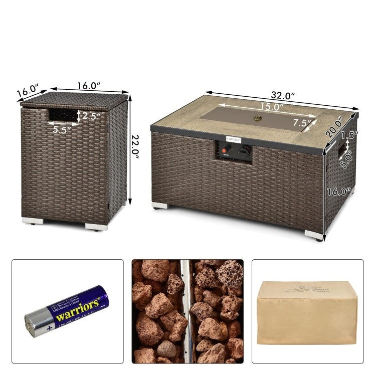 Outdoor Propane Fire Pit with Side Table Tank Holder in Brown PE Rattan-3