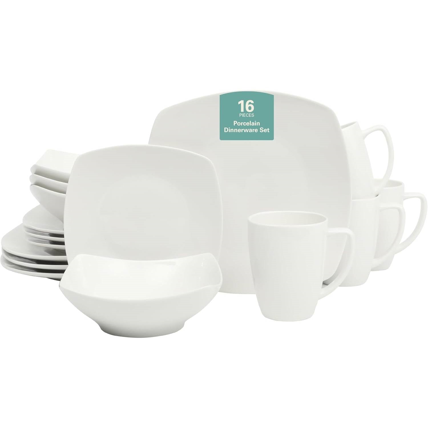 16 Pieces - White Square Porcelain Dinnerware Set - Service for 4-0