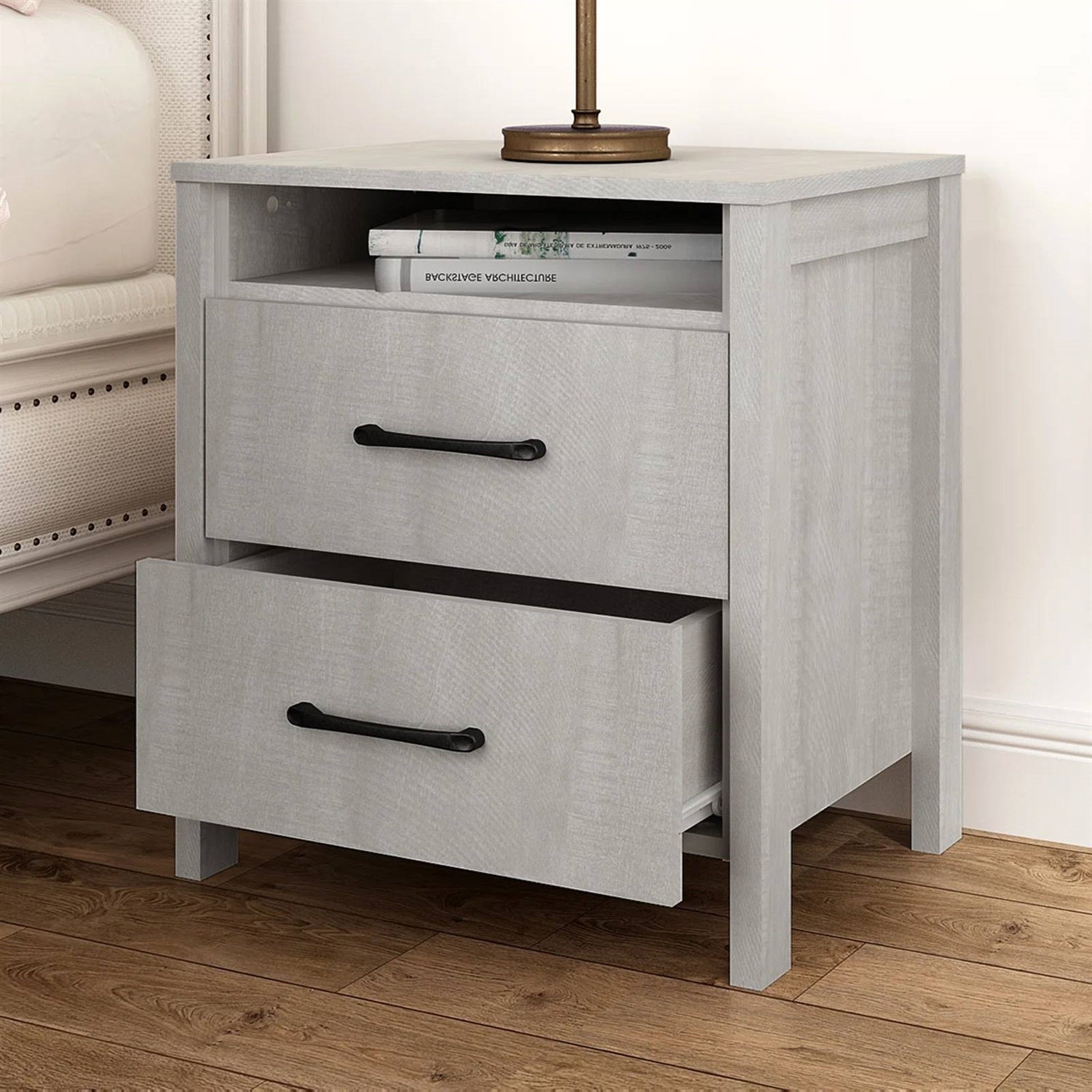 Modern Farmhouse Bedroom 2-Drawer Bedside Table Nightstand in Grey Wood Finish-1