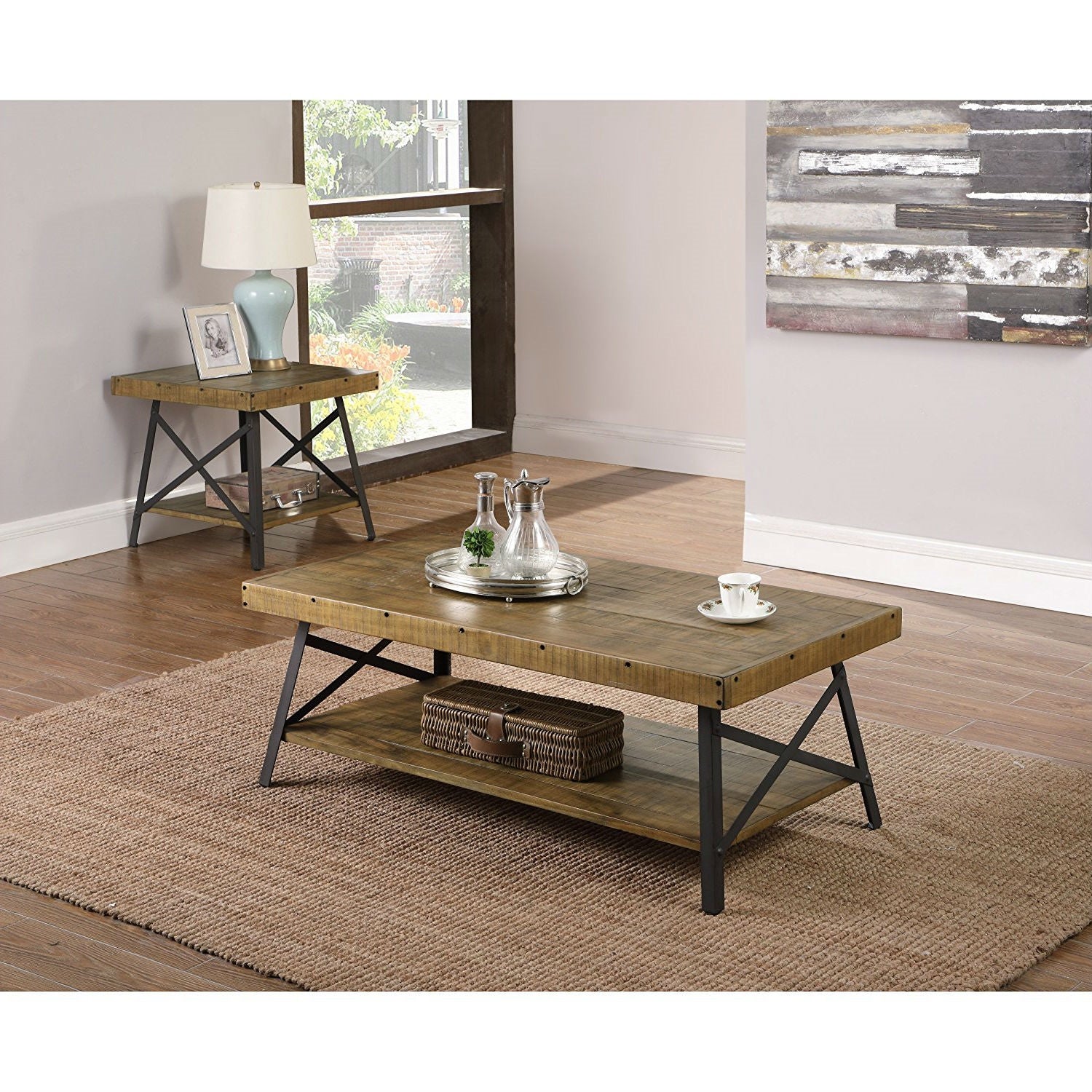 Modern Industrial Style Solid Wood Coffee Table with Steel Legs-2