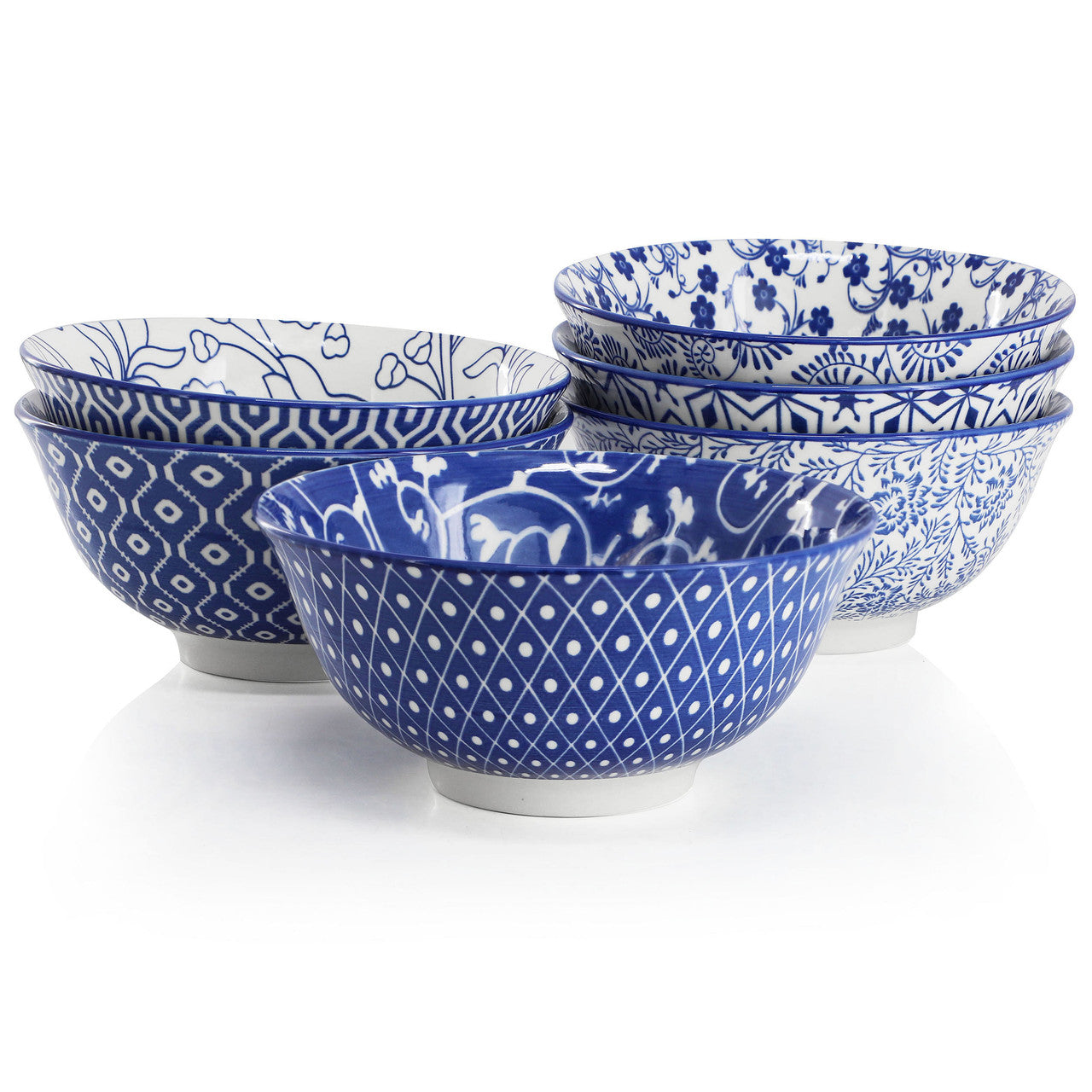 Elama Moxy 6 Piece Assorted Design 20oz Porcelain Footed Bowl Set in Blue-0