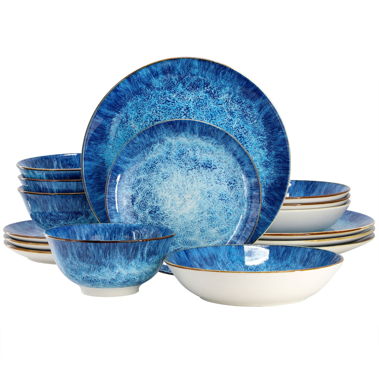 Elama Oceanus 16 Piece Porcelain Double Bowl Dinnerware Set in Blue-0