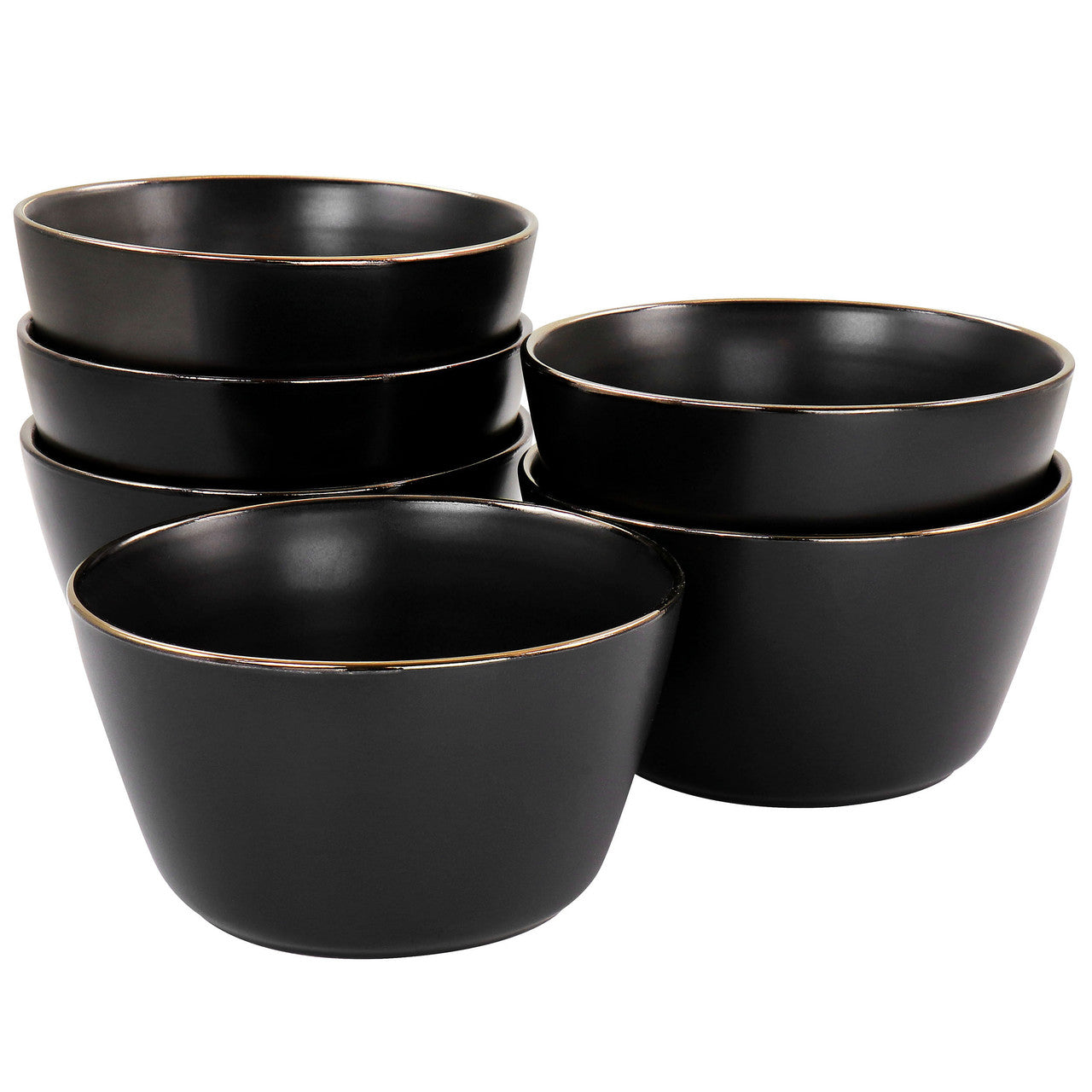Elama Paul 6 Piece Stoneware Bowl Set in Matte Black with Gold Rim-0