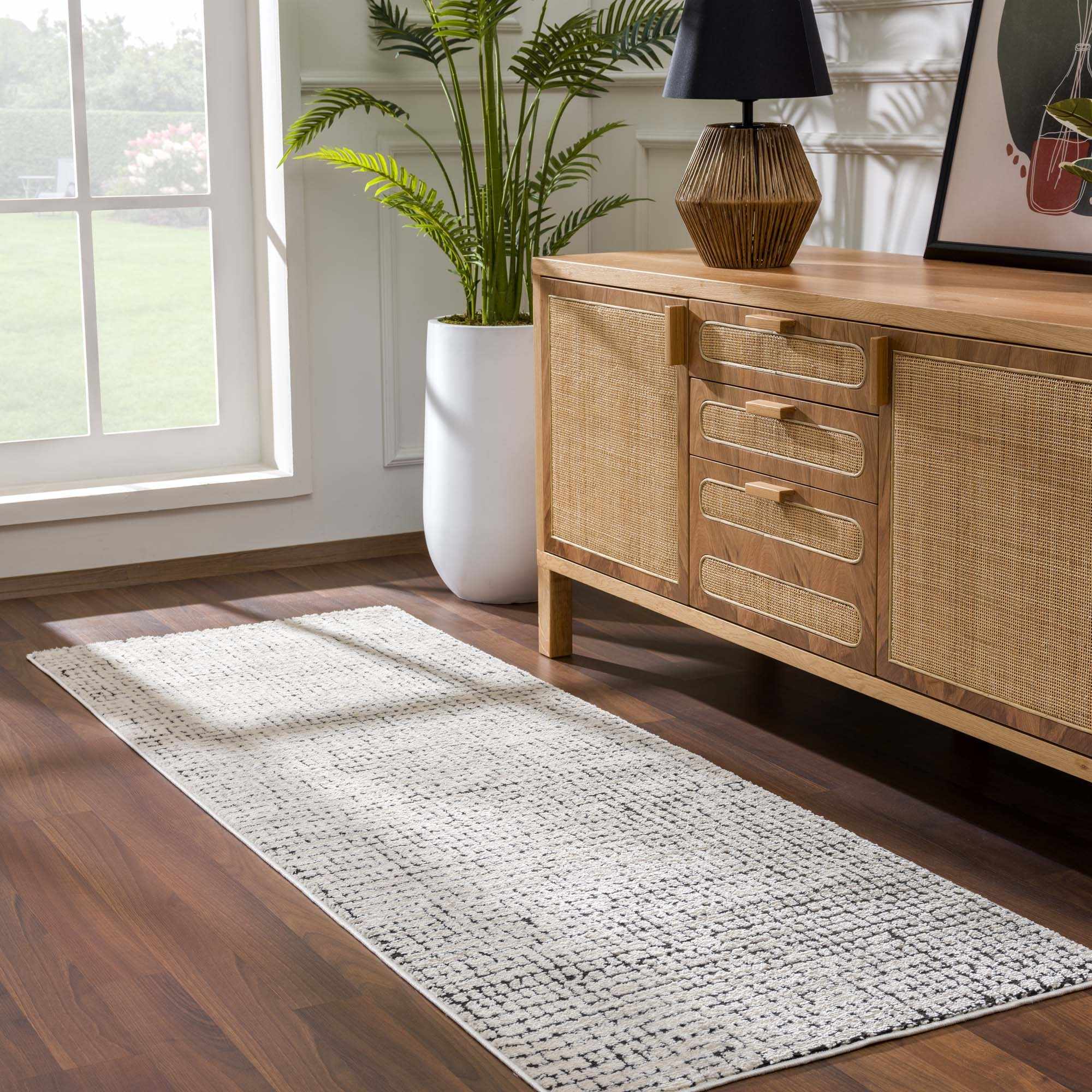 Keita Cream & Black Grid Plush Rug