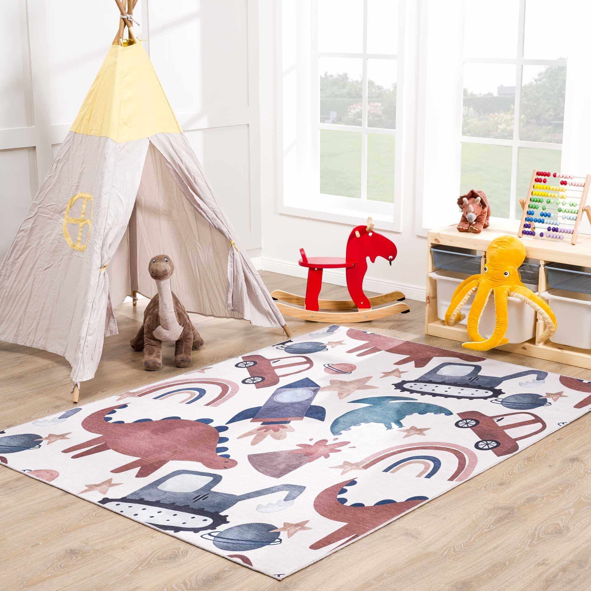 Libra Washable Kids Rug - Dinosaur rocket car rainbow
