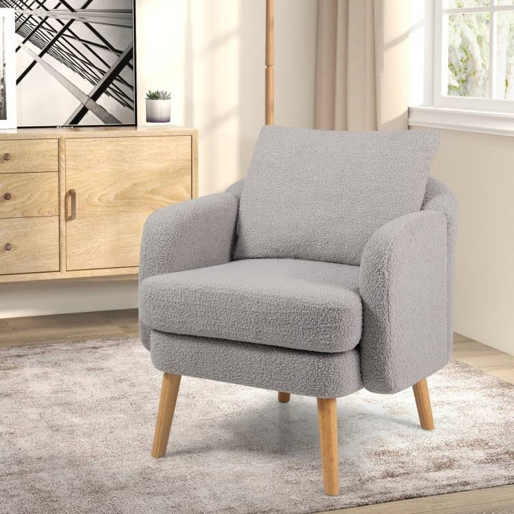 Modern Grey Sherpa Fabric Upholstered Accent Chair with Wooden Legs-1
