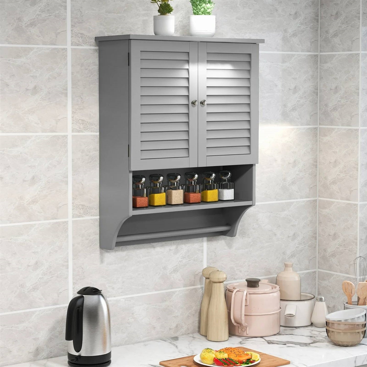 Grey Wall-Mounted Bathroom Medicine Cabinet with Louver Doors and Towel Bar-2