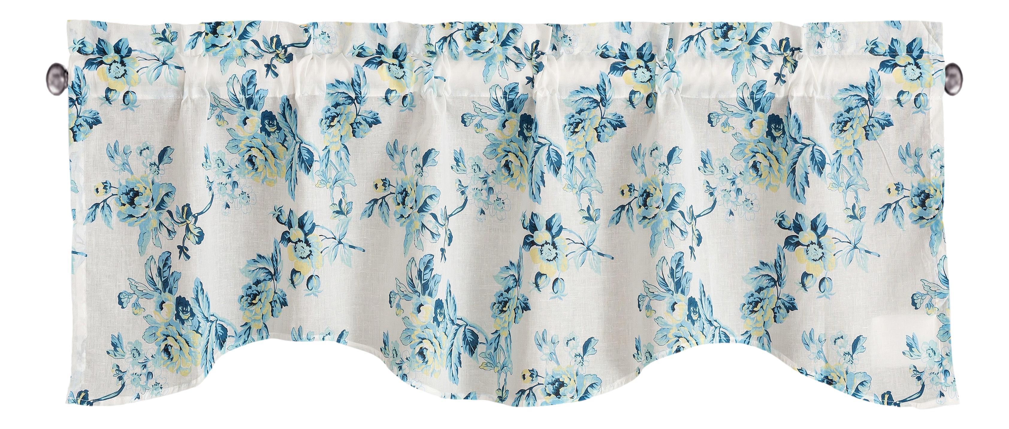 Tache Cotton White Blue Floral Scalloped Petal Dance Sheer Scalloped Window Treatment Valance (JHW-646)-1