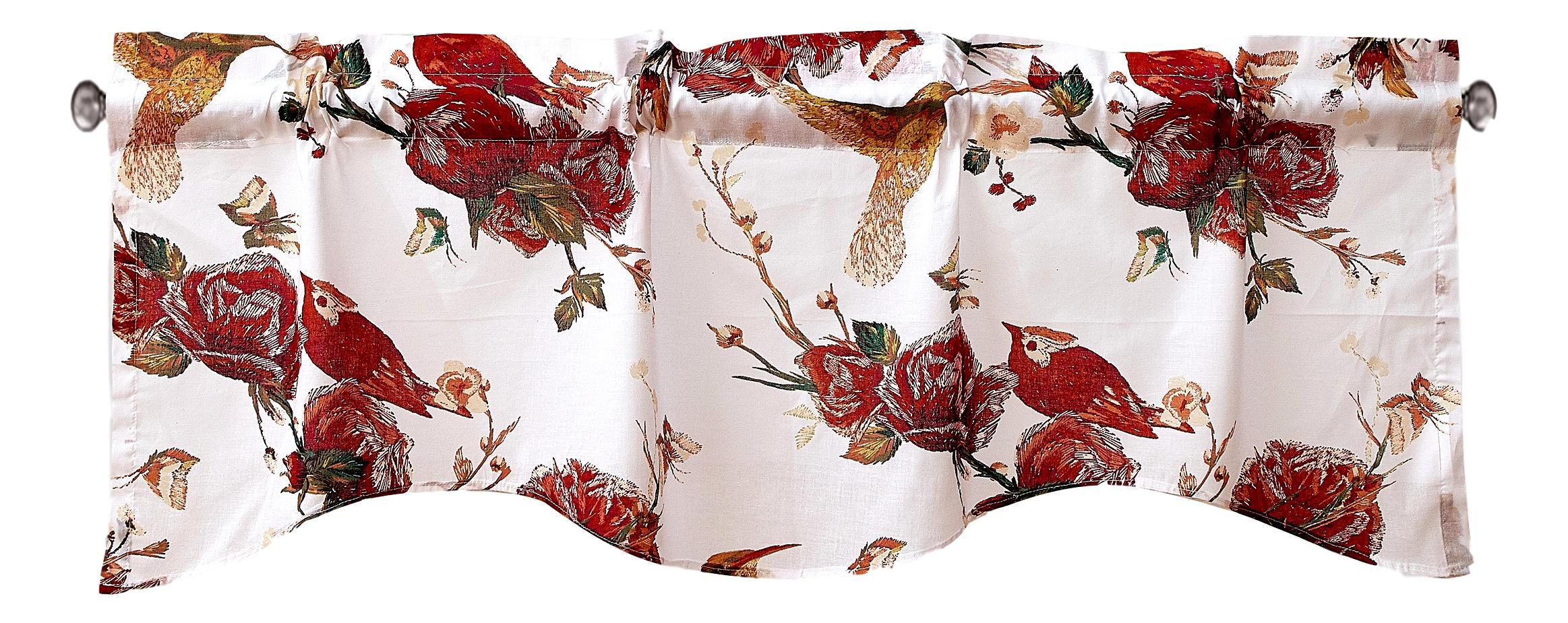 Tache Cotton White Burgundy Sheer Scalloped Window Treatment Hummingbirds Rose Garden Valance (JHW-936)-1