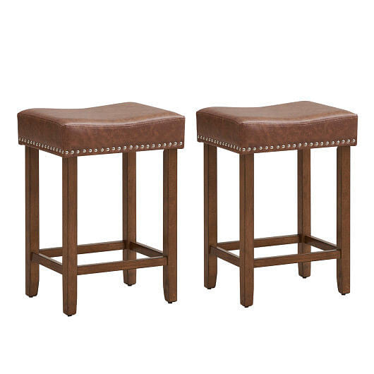 24 Inch Upholstered PU Leather Bar Stools Set of 2-Brown-9