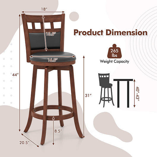 Wood Swivel Bar Stools Set of 2 with Faux Leather Upholstered Seat and Back-Brown-4