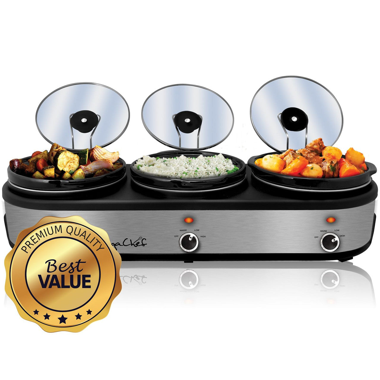 MegaChef Triple 2.5 Quart Slow Cooker and Buffet Server in Brushed Silver and Black Finish with 3 C-0