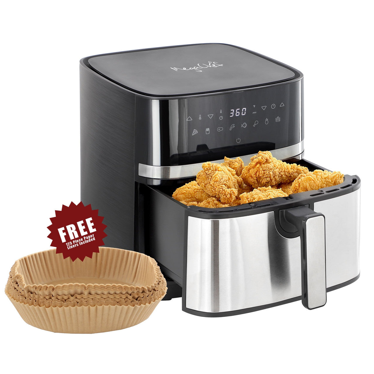MegaChef 8.5 Quart Bundle Electric Air Fryer in Black and Stainless Steel with 125 Piece Paper Line-0